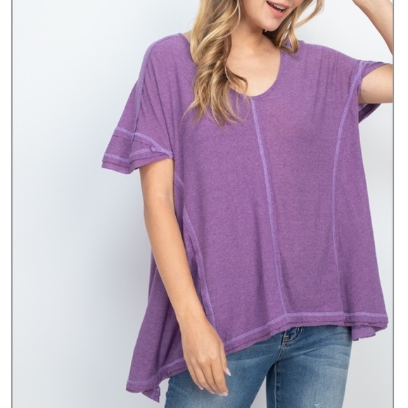Lilac purple inside-out seam curved hem loose top. - Picture 6 of 16